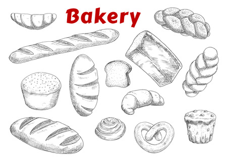 Bakery and pastry products sketches with raisins muffin and cinnamon roll, french croissants and baguette, pretzel and braided sweet buns, loaves of wheat, rye and sprouted grains breadのイラスト素材