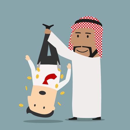 Sly smiling cartoon arab businessman robbing his european businessman, shaking out money from his pockets. Business concept designのイラスト素材