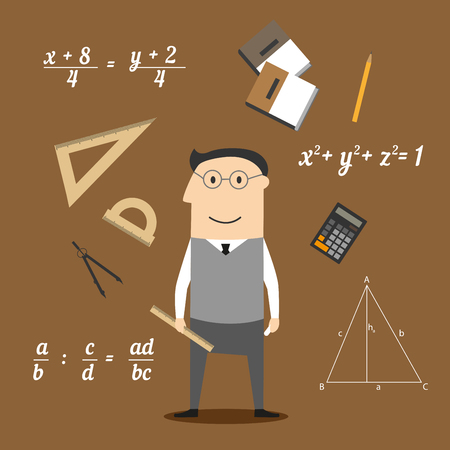 Mathematician profession concept design with teacher in glasses encircled by formulas and calculator, rulers and compasses, pencil and textbooks, drawing and geometric figuresのイラスト素材