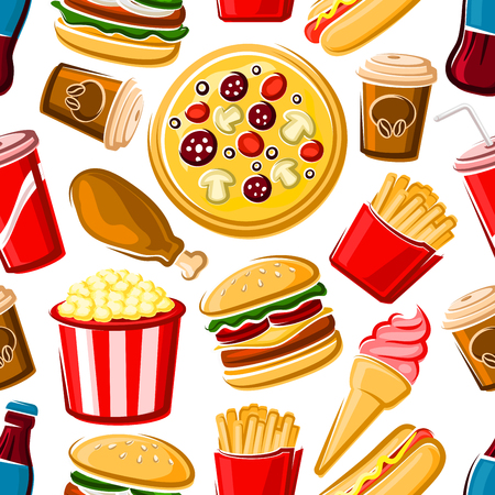 Colorful fast food lunch seamless pattern with randomly scattered over white background pepperoni pizzas, burgers, french fries, fried chicken, strawberry ice cream, popcorn, sweet soda and coffeeのイラスト素材