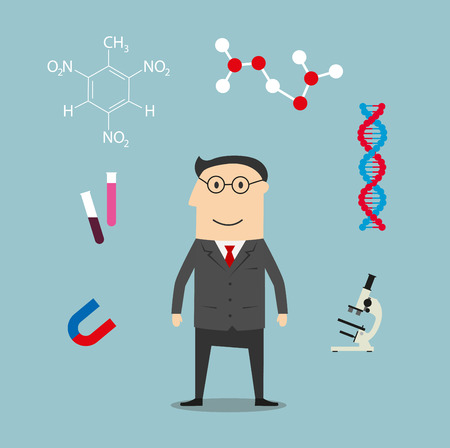 Scientist profession design with man in glasses among laboratory flasks and tubes, microscope and DNA model, magnet and chemical formulaのイラスト素材