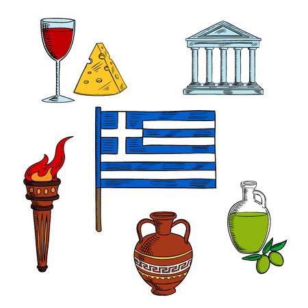 Traditional symbols of Greece with national flag, encircled by ancient flaming torch, ceramic amphora and Parthenon temple, olive oil, wine and cheese. For travel and tourism designのイラスト素材