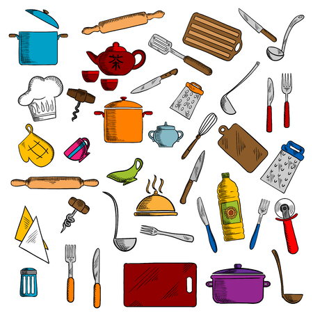 Sketched kitchen utensils and kitchenware icons with pots and cups, tea set, knives and forks, spatula and cutting board, whisk and chef hat, graters and rolling pin, tray and corkscrew, napkin and pizza cutter, oven glove and salt shakerのイラスト素材