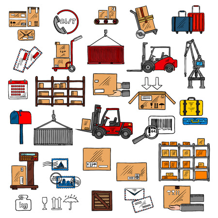 Delivery, storage and shipping service icons with storage racksのイラスト素材