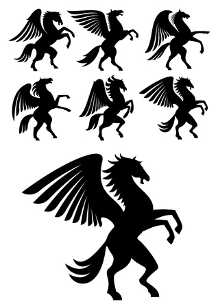 Mythical gorgeous winged pegasus black horses with open wings. Heraldry, coat of arms, equestrian sport symbols or tattoo design usageのイラスト素材