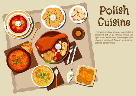 Polish national cuisine dishes with pork leg and grilled vegetables, meat and cabbage stew bigos, noodle chicken soup, vegetarian dumplings pierogi, beet soup, potato pancakes, cookies with jam and bottle of dark beerのイラスト素材
