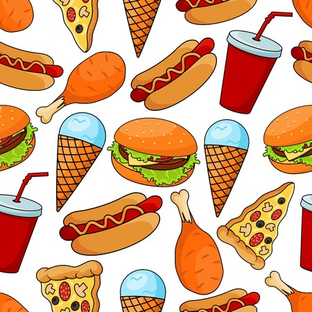 Seamless pattern of assorted tasty fast food with cheeseburger and thin slices of pepperoni pizza, hot dogs and fried chicken legs, mint ice cream cones and red paper cups of sweet soda on white backgroundのイラスト素材