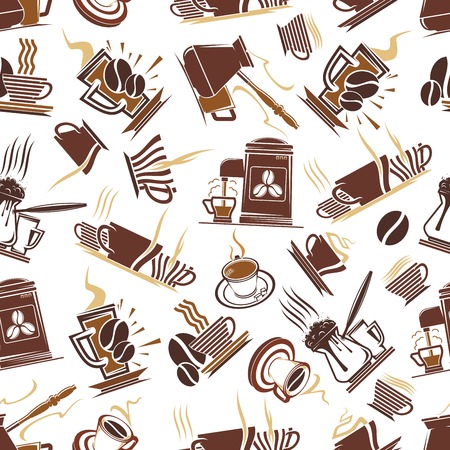 Coffee shop seamless brown pattern of trays with steaming cups of hot chocolate and tall glass mugs with cappuccino, retro coffee machines and pots with turkish coffee. Cafe or kitchen interior themes designのイラスト素材