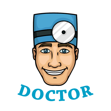 Charming smiling male doctor character with blue medical scrub hat and frontal reflector. Isolated colorful portrait with caption Doctor for medical stuff profession concept designのイラスト素材