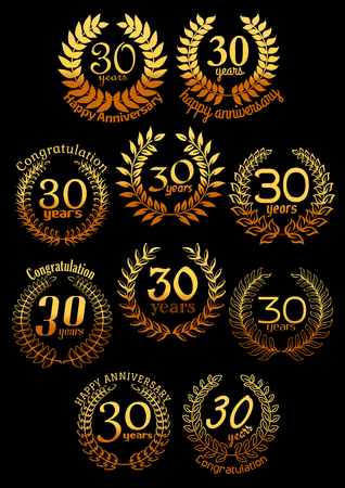 Anniversary golden wreaths with shining laurel branches, arranged into a circle frame with text 30 Years, congratulations and anniversary. Greeting card, event and invitation, celebration designのイラスト素材