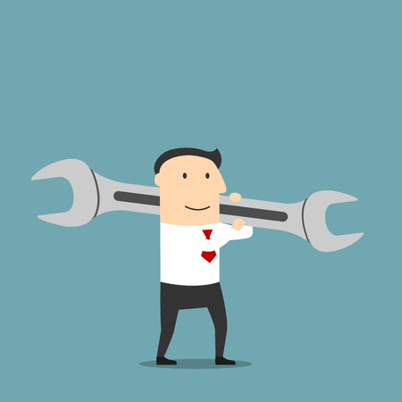 Happy cartoon businessman is carrying a huge wrench on shoulder. Use as crisis management, problem solution or creating new project concept designのイラスト素材