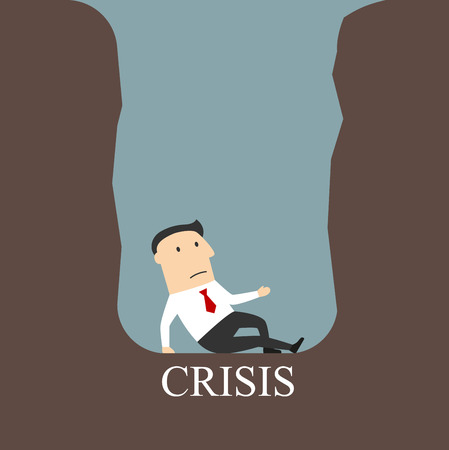 Bankruptcy, financial crisis, failure or dept theme design. Frustrated bankrupt cartoon businessman being trapped in a hole or debt pit with caption Crisis belowのイラスト素材