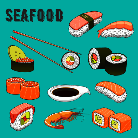 Colorful seafood menu icons of sushi nigiri, topped with smoked salmon, tuna and sushi rolls with salmon, mackerel and shrimp, avocado, red caviar and cucumber fillings, served with grilled prawn, soy sauce and chopsticks. Japanese cuisine theme or orientのイラスト素材