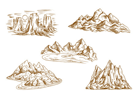 Retro sketched mountains icons with landscapes of high cliffs and hills, rocky ridge and summit, tower rocks and mountain valleys with winding roads. Great for hiking tourism, rock climbing symbols or nature theme designのイラスト素材