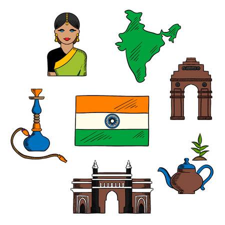 National symbols of India for travel and indian culture theme design with colored sketches of flag and map of Republic of India, young woman in silk sari, Gateway of India, tea pot with green leaves, India Gate and hookah pipeのイラスト素材