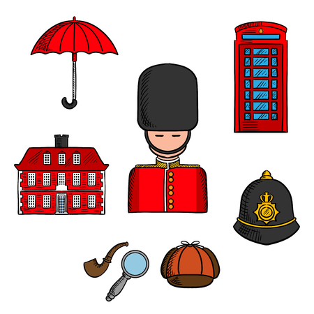 Traditional symbols and travel landmarks of London icon with queens guard soldier, umbrella, red telephone booth and brick house, police custodian helmet with golden badge, cap, smoking pipe and magnifier of Sherlock Holmes. Sketch styleのイラスト素材