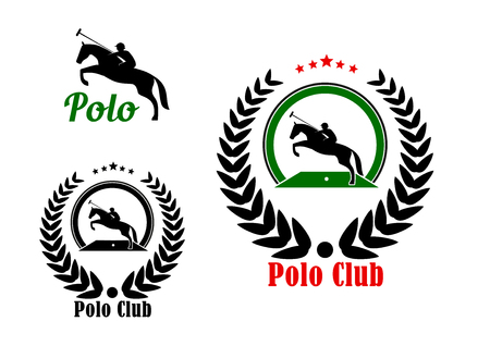 Polo player with rearing up horse and long handled mallet icons for polo club or equestrian sport design, framed by laurel wreath with stars on the top part and caption Polo Club belowのイラスト素材