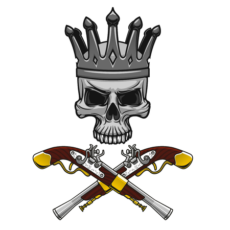 Cartoon crowned pirate skull with crossed vintage pistols instead crossbones. Great for Jolly Roger symbol or king of pirates mascot design usageのイラスト素材