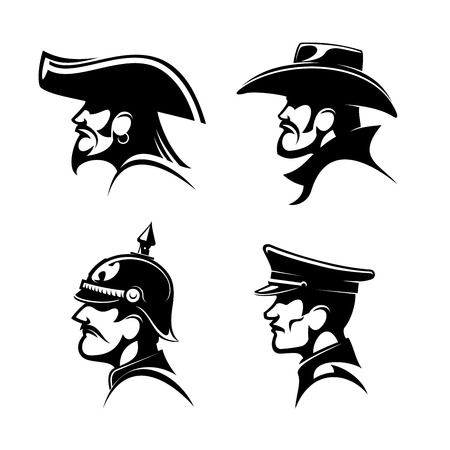 Black profiles of brutal cowboy in leather hat, bearded pirate with earring and captain hat, brave general of prussian army in spiked helmet and german soldier in peaked cap. Great for mascot or war history, adventure symbol designのイラスト素材