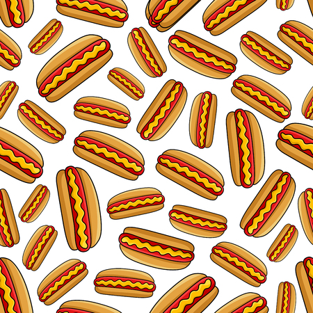 Seamless grilled hot dogs pattern for fast food design usage with cartoon colorful takeaway sandwiches with sausages in sliced buns, garnished with spicy mustard sauce on white backgroundのイラスト素材