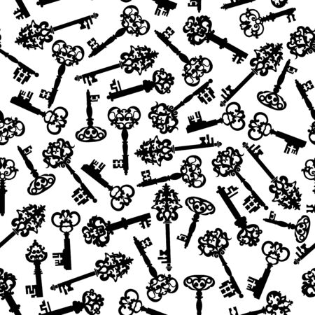 Seamless vintage ornate forged keys pattern on white background with black silhouettes, adorned by florid victorian ornaments. Great for wallpaper or backdrop designのイラスト素材