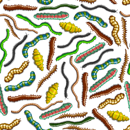 Cartoon seamless colorful worms, caterpillars, lavras and centipedes pattern with green, yellow and brown crawling insects on white background. Use as nature backdrop or scrapbook page designのイラスト素材