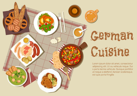Authentic german cuisine flat icon with mixed grilled sausages platter, served with sauerkraut, pork stew, pea soup, pot roast, sandwiches with fresh vegetable salad, beer and basket of traditional bread rolls and pretzelsのイラスト素材