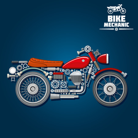 Motorcycle mechanic silhouette symbol with wheels, gas tank, seat, engine, battery and exhaust pipe, gears and cogwheels, absorbers and fork, suspension and kickstand, headlight and bearings. Use as transportation designのイラスト素材