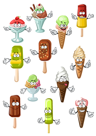 Colorful cartoon ice cream characters with vanilla, strawberry, caramel and pistachio soft serve ice cream cones, refreshing popsicles and chocolate ice cream on sticks, sundae desserts with fresh fruitsのイラスト素材