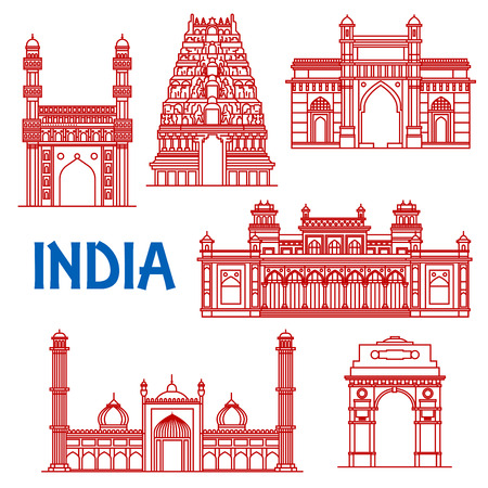 Popular indian architecture landmarks icon with red thin line symbolsのイラスト素材