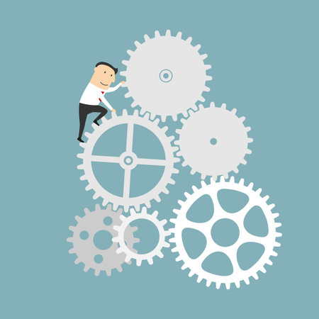 Business process and financial mechanism concept design. Businessman is turning a gear system. Cartoon styleのイラスト素材