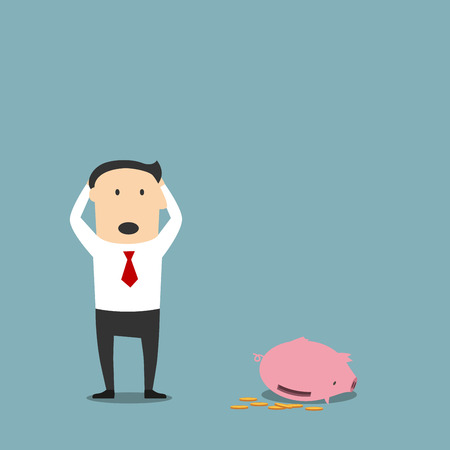 Frustrated cartoon bankrupt businessman is standing with empty piggy bank and clutching head in shock. Bankruptcy, poverty and insolvency concept design usageのイラスト素材
