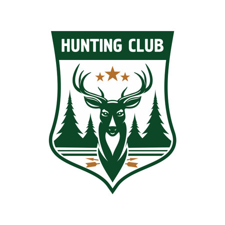 Retro badge for hunting club design with dark green medieval shield with head of a deer crowned by stars and silhouettes of fir trees on the horizonのイラスト素材