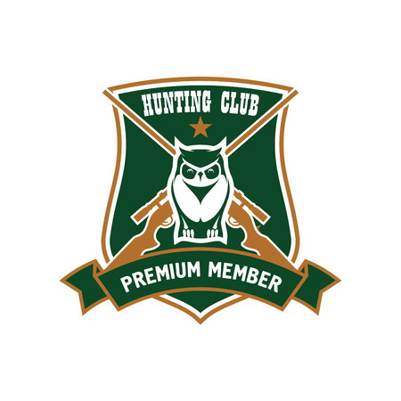Forest horned owl with crossed rifles on the background framed by heraldic shield and ribbon banner with captions Hunting Club and Premium Member. Retro styleのイラスト素材