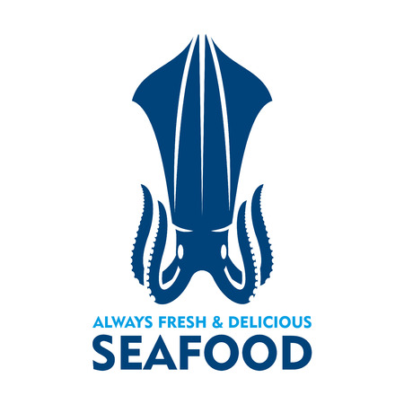 Natural organic fresh squid blue silhouette. Seafood emblem design template with marine mollusk for fish farm symbol or seafood market promotionのイラスト素材