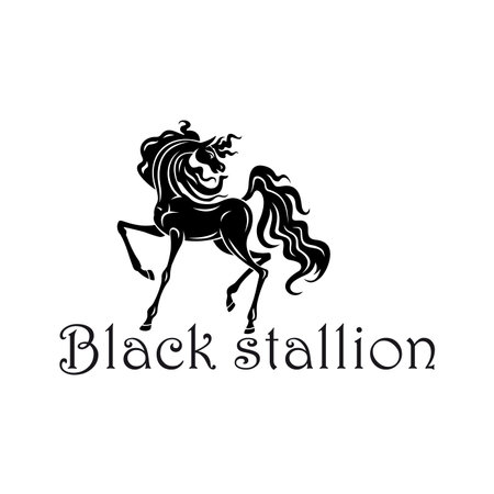 Young andalusian colt black silhouette with elegant curved neck, raised foreleg and thick curly mane and tail. Great for horse show, dressage symbol or horse breeding farm theme designのイラスト素材