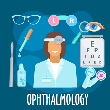 Smiling young woman ophthalmologist with eye examination equipments and medicines flat icon of visual acuity testing chart, eye occluders, glasses and eye drops, eye, magnifier and scalpelのイラスト素材