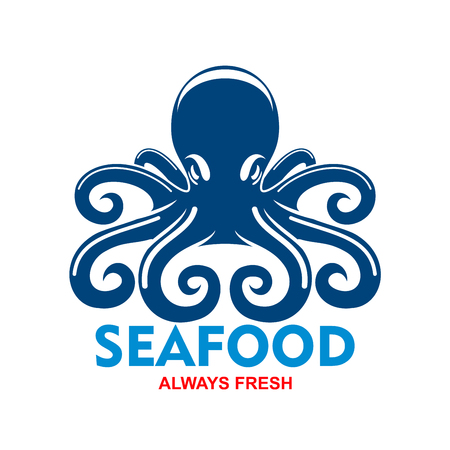 Giant pacific reef octopus icon for seafood badge template for restaurant or cafe menu design usage with blue mollusk with long and curled tentaclesのイラスト素材