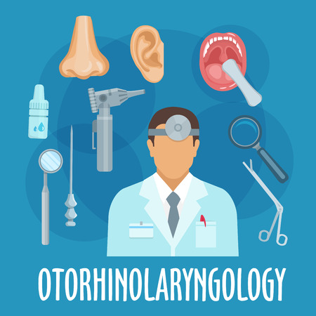 Otolaryngologist profession flat symbol of doctor in lab coat and frontal reflector with nose, ear and throat organs, otoscope, scissors, needle and mirror, magnifier and dropsのイラスト素材