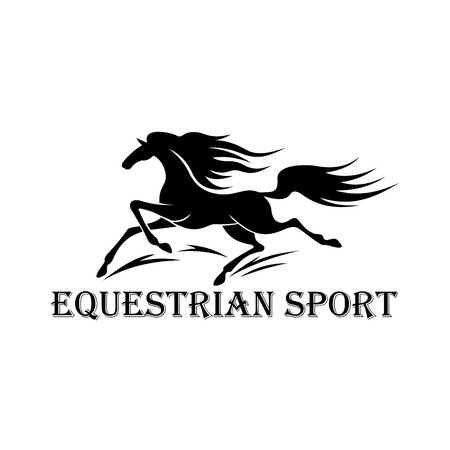 Free wild stallion symbol for horse racing or motorsport design usage with black silhouette of running horse and caption Equestrian Sport belowのイラスト素材