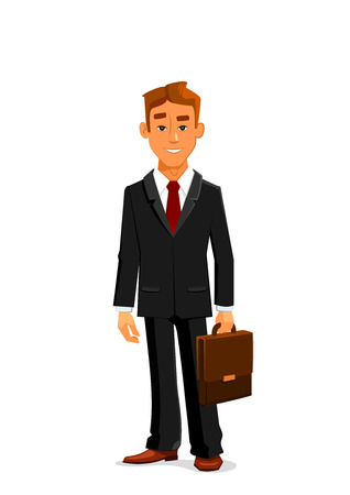 Handsome young cartoon businessman in elegant black suit with red tie is standing with leather briefcase in hand. Great for business people avatar and office workers designのイラスト素材