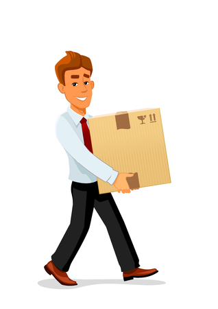 Cheerful smiling cartoon delivery man character is carrying a bulky cardboard package. Great for delivery service or profession themes designのイラスト素材