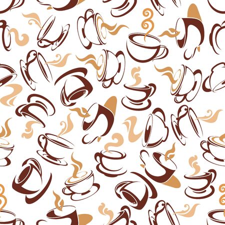 Coffee drinks seamless background with brown sketch pattern of steaming cups filled with strong aroma espresso and creamy cappuccino. Cafe or kitchen interior designのイラスト素材