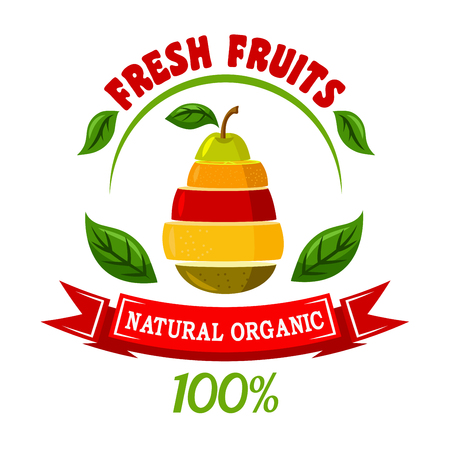 Natural organic fruits retro icon with cartoon symbol of pear made up of orange, apple, grapefruit and kiwi fruits slices encircled by header Fresh Fruits, green leaves and red ribbon banner. Food and drinks packaging design usageのイラスト素材