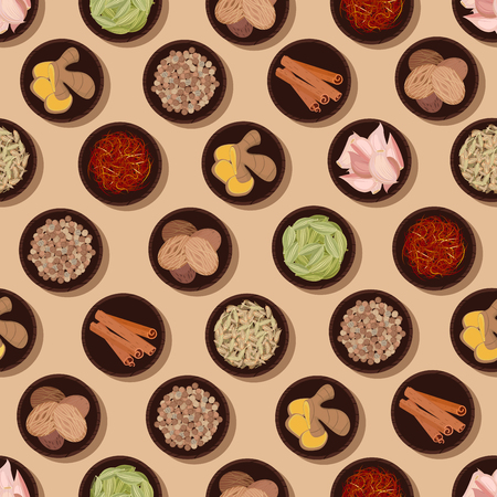 Culinary pattern of fresh and dried condiments and spices seamless background with ginger and garlic, cinnamon and saffron, nutmegs and fennel, cardamom pods and coriander seeds. Great for food packaging or kitchen interior designのイラスト素材