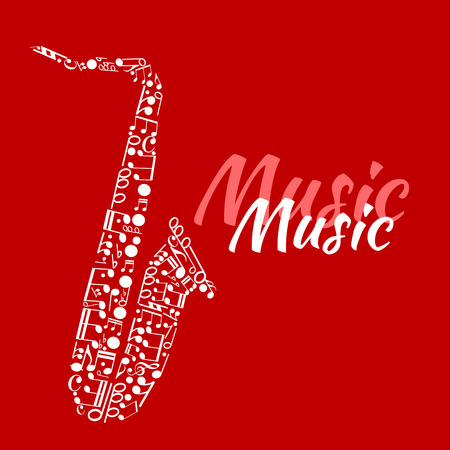 Jazz concert or festival poster template design with abstract silhouette of saxophone made up of musical notes and key signatures, bass clefs and chords with text Musicのイラスト素材