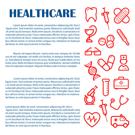 General medicine banner design template for medical and healthcare websites, infographics and printed materials with red icons of doctor , ambulance and stethoscope, syringes, pills and thermometer, tooth, heart and microscope, test tube and DNAのイラスト素材