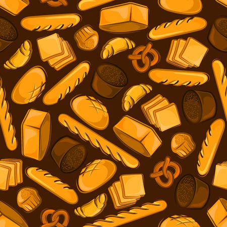 Wholesome fresh bakery products from the brick oven cartoon pattern with seamless illustration of wheat and rye bread loaves, french baguettes and croissants, cupcakes and pretzels on brown backgroundのイラスト素材