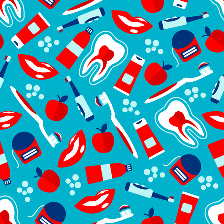 Oral hygiene seamless pattern for dentistry and healthcare design usage with healthy teeth and smiles, toothbrushes, toothpastes, dental floss and fresh apples on blue background with bubblesのイラスト素材