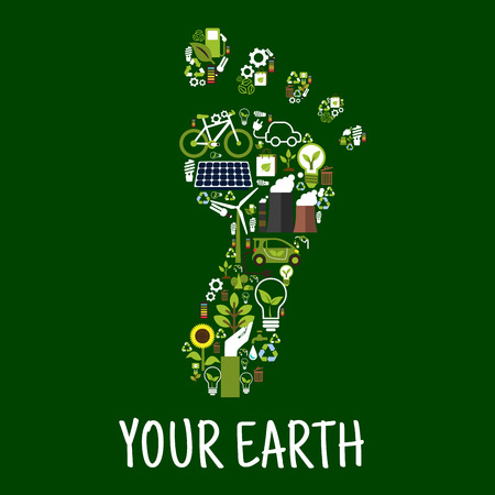 Go green concept symbol of footprint with flat icons of saving energy and recycling signs, light bulbs with leaves, bicycle and electric cars, trees, flowers and plants, solar panel, wind turbine and bio fuel, paper bags and batteries. Environment responsのイラスト素材